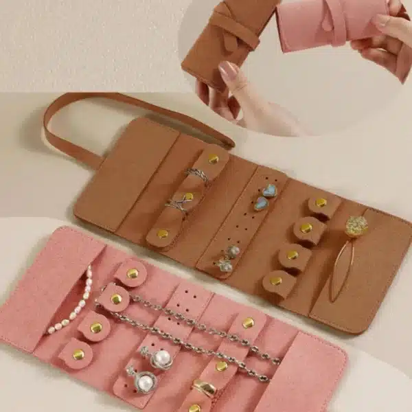 Small Jewellery Roll In Brown - Image 4